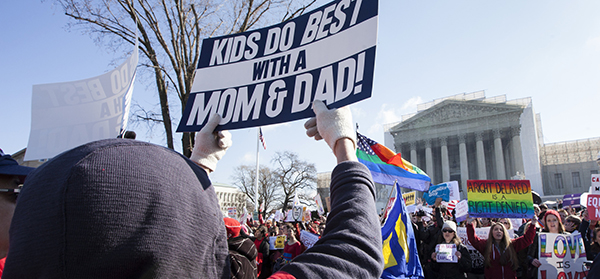 People demonstrate outside Supreme Court building as justices hear arguments in case against California's same-sex marriage ban People demonstrate outside Supreme Court building as justices hear arguments in case against California's same-sex marriage ban