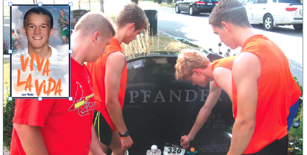 Chamiande Julienne seniors Joe Hoeft, John Carper, Conor Hickey and Ben Reis place a racing bib at Lucas Pfander's grave at Calvary Cemetery. The photo inset is of Pfander. (Courtesy Photos) Chamiande Julienne seniors Joe Hoeft, John Carper, Conor Hickey and Ben Reis place a racing bib at Lucas Pfander's grave at Calvary Cemetery. The photo inset is of Pfander. (Courtesy Photos)