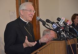 Newly named archbishop for Hartford, Conn., speaks at a news conference at archdiocesan center in Bloomfield, Conn. Bishop Leonard P. Blair of Toledo, Ohio, addresses employees of the Archdiocese of Hartford, Conn., and reporters at a news conference Oct. 29 in Bloomfield at which he was introduced as the new archbishop of Hartford. He was named early that day by Pope Francis to succeed Archbishop Henry J. Mansell, who is retiring. (CNS photo/Karen O. Bray, The Catholic Transcript) (Oct. 30, 2013) See BLAIR-PRESS Oct. 30, 2013.
