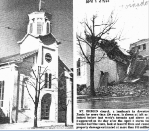 A scanned image from The Catholic Telegraph’s archive shows the church before, and after the 1974 tornado. (CT File) A scanned image from The Catholic Telegraph’s archive shows the church before, and after the 1974 tornado.