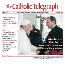 The cover of the August edition of The Catholic Telegraph will feature Pope Francis' audience with Archbishop Dennis M. Schnurr. (Screenshot) The cover of the August edition of The Catholic Telegraph will feature Pope Francis' audience with Archbishop Dennis M. Schnurr. (Screenshot)