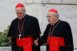 Cardinals Erdo, Sodano talk as they arrive for morning session of synod