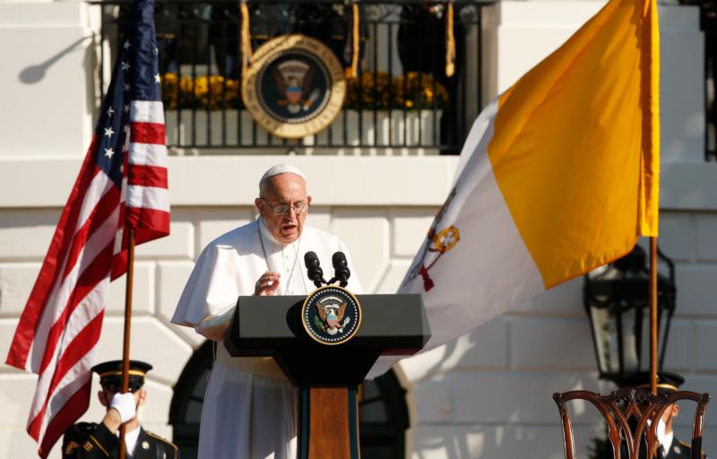 Pope Francis speaks during a ceremony with U.S. President Barack Obama on the South Lawn of the White House in Washington Sept. 23. (CNS photo/Paul Haring)