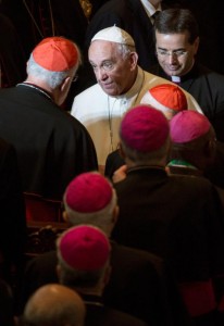 Pope Francis greets a cardinal as he meets with church leaders at St. Charles Borromeo Seminary in Wynnewood, Pa., Sept. 27. (CNS photo/Joshua Roberts)