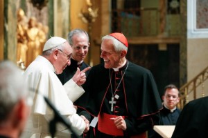 Pope Francis greets Washington Cardinal Donald W. Wuerl of Washington as the pope meets with U.S. bishops in the Cathedral of St. Matthew the Apostle in Washington Sept. 23. (CNS photo/Paul Haring)