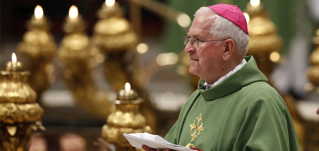 Archbishop Joseph E. Kurtz of Louisville, Ky., president of the U.S. Conference of Catholic Bishops, arrives for the opening Mass of the Synod of Bishops on the family celebrated by Pope Francis in St. Peter's Basilica at the Vatican Oct. 4. (CNS/Paul Haring)