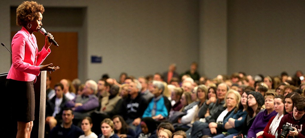 Immaculèe Ilibagiza, who survived the genocide in Rwanda that killed her parents and brothers, shares her story of forgiveness during a talk at the Cintas Center in Cincinnati Monday, Feb. 22, 2016. (CT Photo/E.L. Hubbard)