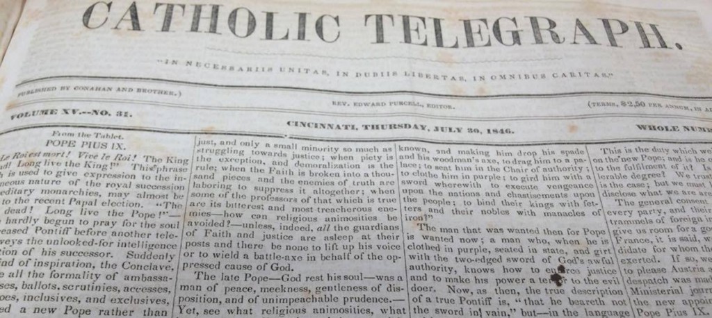 The front page of the July 30, 1846 edition of The Catholic Telegraph reported the election of Pope Pius IX. (Courtesy Archdiocese of Cincinnati Chancery Archives)