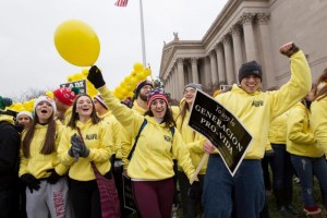 Members of the Crusaders for Life hold signs and cheer during the March for Life in Washington Jan. 22, the 43rd anniversary of the U.S. Supreme Court's Roe v. Wade decision legalizing abortion. (CNS photo/Jaclyn Lippelmann, Catholic Standard)