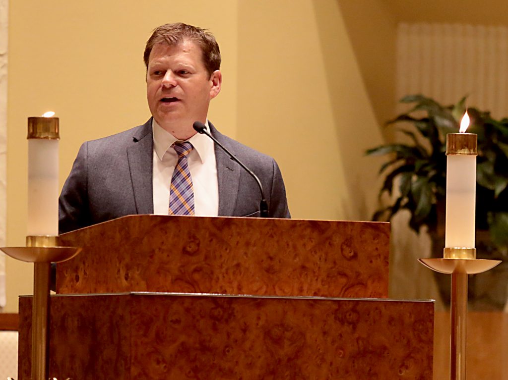Tony Stieritz, the director of Catholic Social Action for the Cincinnati Archdiocese, welcomes those in attendance to the first annual Laudato Si’ Community recognitions ceremony at Good Shepherd Church in Cincinnati Monday, June 18, 2018. (CT Photo/E.L. Hubbard)