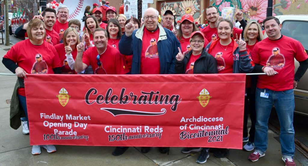 Bishop Binzer and members of the Central Offices of the Archdiocese of Cincinnati ready for the 2019 Findlay Market Opening Day Parade. (CT Photo/Greg Hartman)