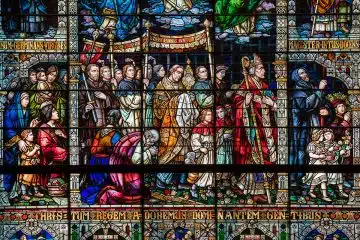 stained glass window procession of saints